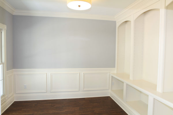 Arched topped open shelving for the Office with open shelving below with optional cabinet doors below the counter