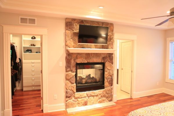 Stoned see-through fireplace (double sided) with shelf Mantle